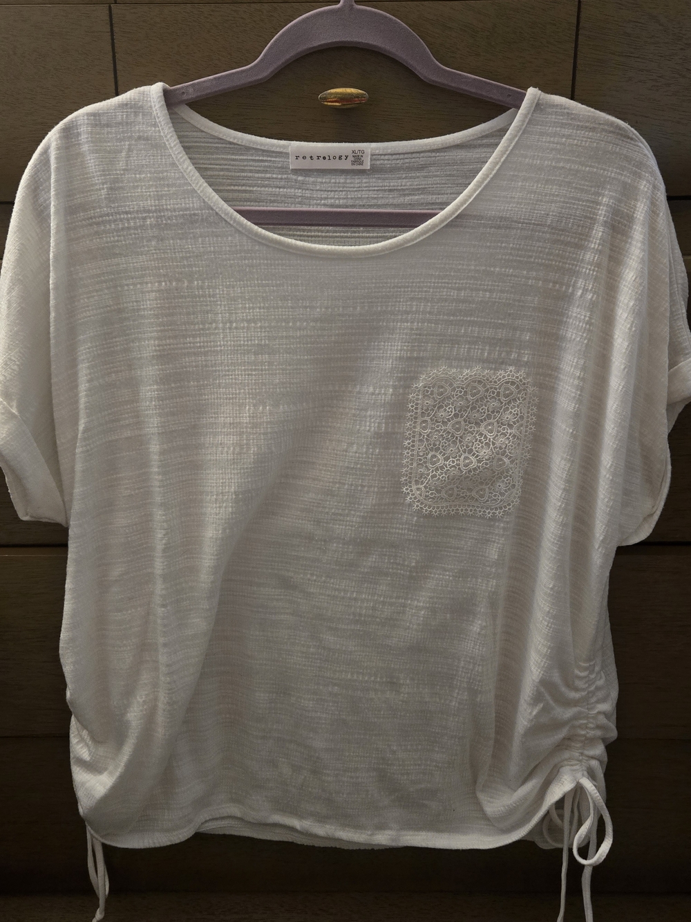 Retrology White Lace-Pocket Short Sleeve Top